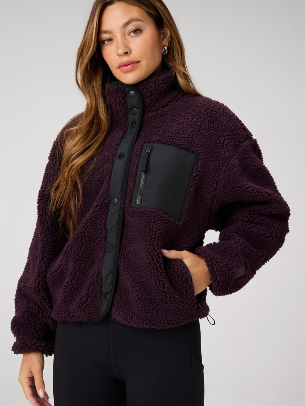 Fabletics Deep Plum Sherpa Jacket with Black Trim